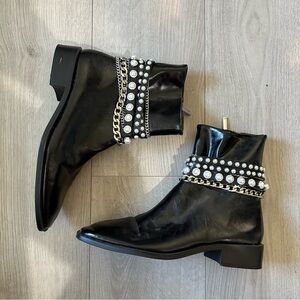 Zara Black Ankle Boots with Pearl and Chain Details
